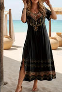 女士标码_正肩圆领短袖开叉连衣裙_牛奶丝140g