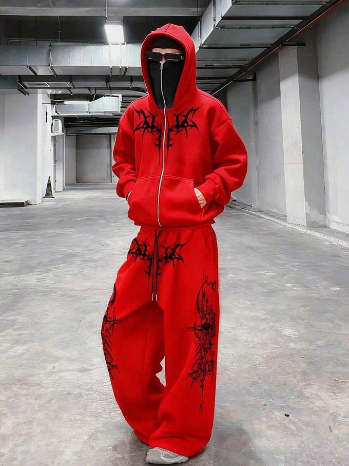 男士标码_骑行双帽拉链卫衣阔腿长裤套装_自贡泥180g
