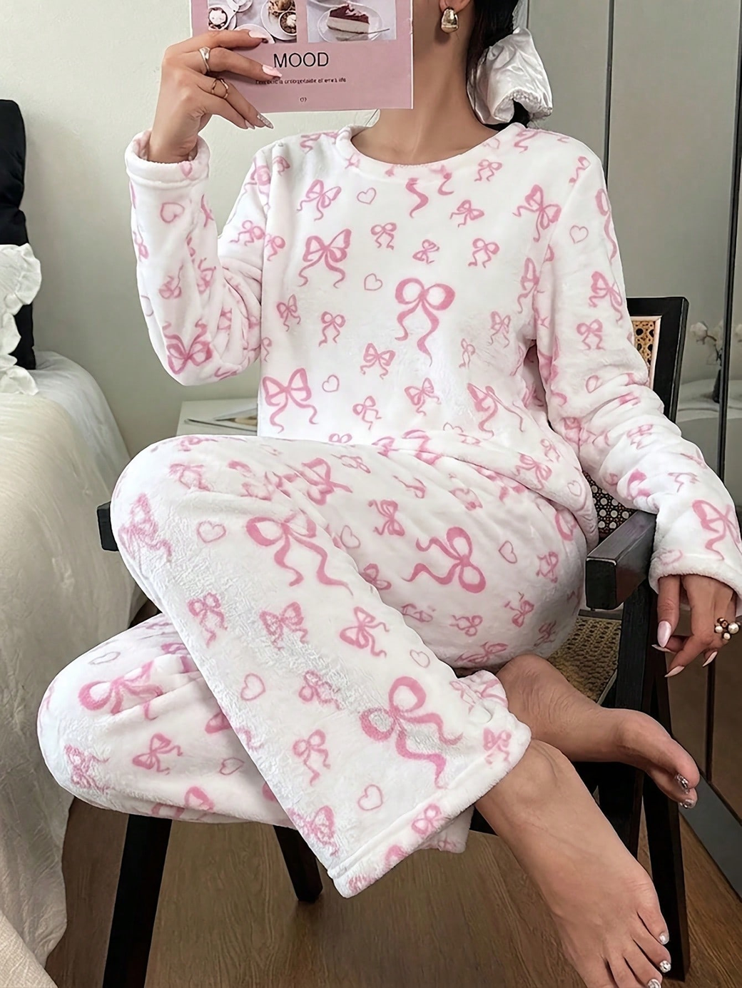 174女士标码长袖长裤法兰绒睡衣250克法兰绒