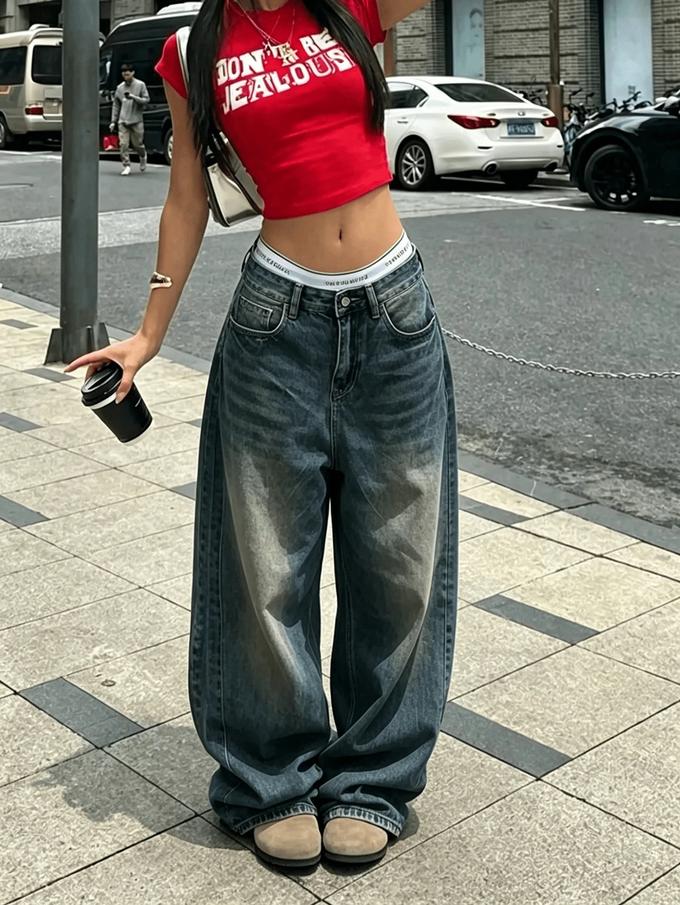 女士标码牛仔阔腿裤
