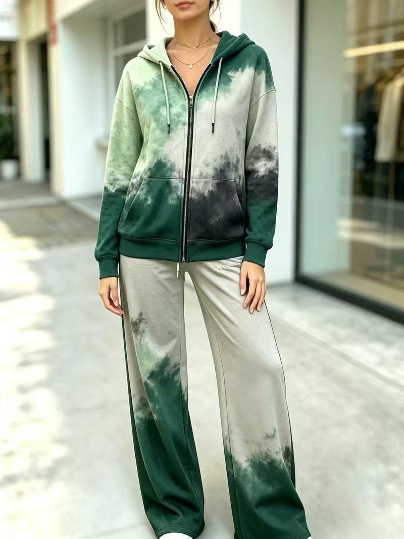 200g空气层女连帽拉链阔腿裤卫衣套装